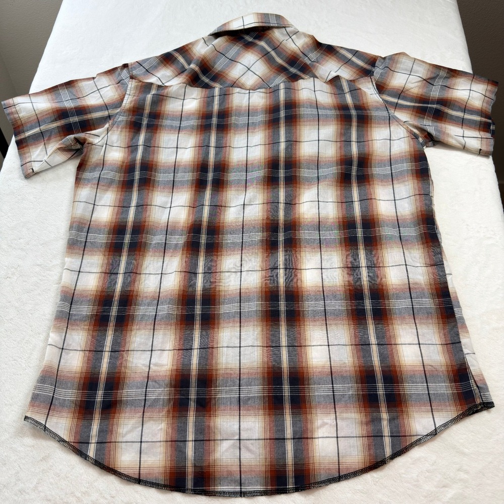 Wrangler Western Shirt Mens 17.5 XL Brown Plaid Good Pearl Snap Short Sleeve - Picture 7 of 9